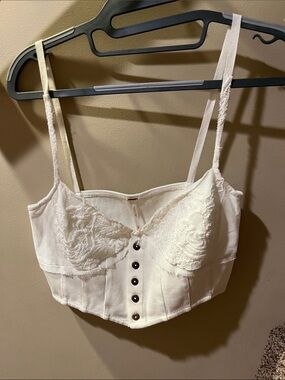 NWOT Free People Cream Lace-Trim Ribbed Button-Front Crop Top